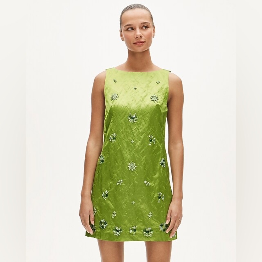 NWT J. Crew Collection Beaded Shift Mini Dress in Bright Green
